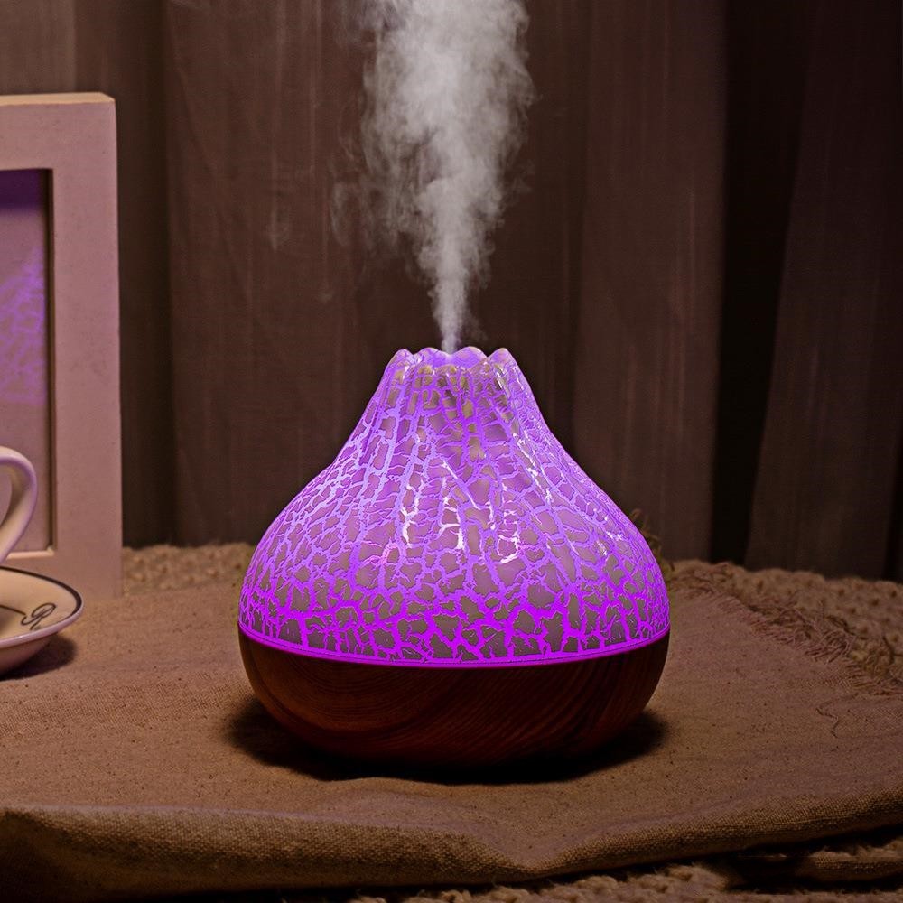 Volcano Humidifier with Wood Grain Finish – Silent Cool Mist Diffuser with 7-Color Ambient LED Light