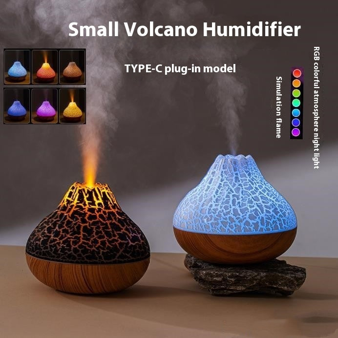 Volcano Humidifier with Wood Grain Finish – Silent Cool Mist Diffuser with 7-Color Ambient LED Light