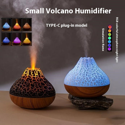 Volcano Humidifier with Wood Grain Finish – Silent Cool Mist Diffuser with 7-Color Ambient LED Light