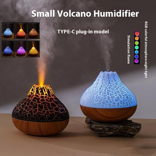 Volcano Humidifier with Wood Grain Finish – Silent Cool Mist Diffuser with 7-Color Ambient LED Light