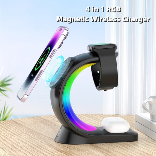 Fast Charging 4-in-1 Magnetic Wireless Charger – Ambient Light Dock for iPhone, AirPods Pro, Apple Watch