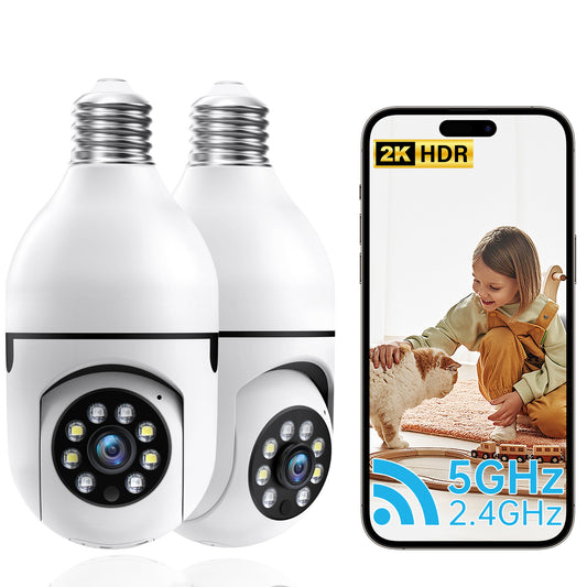 Smart Light Bulb Camera 2-Pack – 2K WiFi E27 Indoor IP Security Cameras with Full HD & Color Night Vision